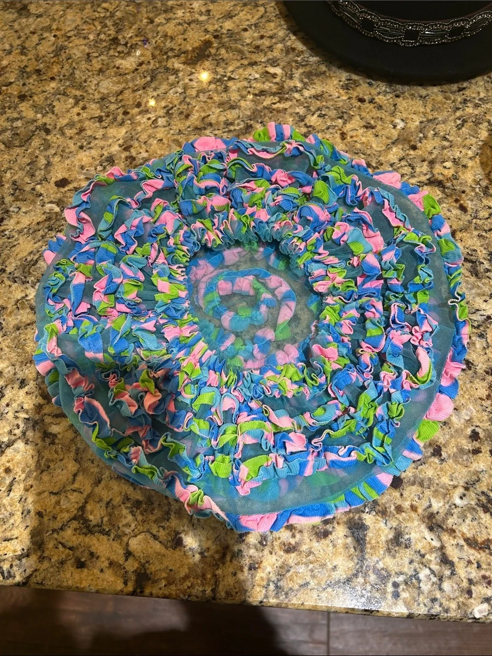 OSFM Ruffled Bonnet Hair Cover Swim Cap - Multicolor Blue, Pink & Green